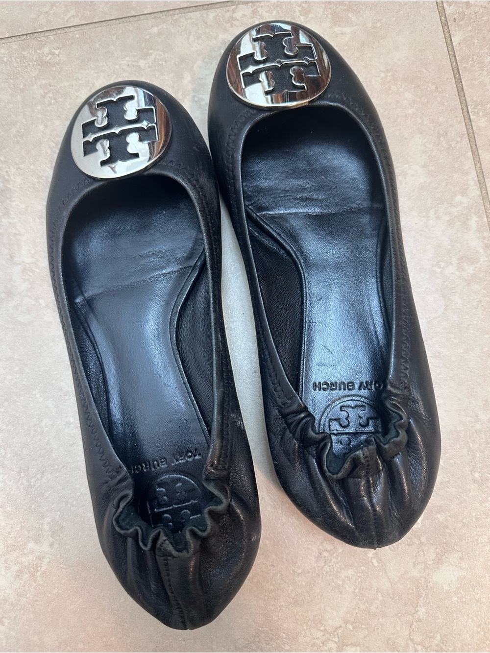 Tory Burch Black Leather Logo Cap-Toe Ballet Flats